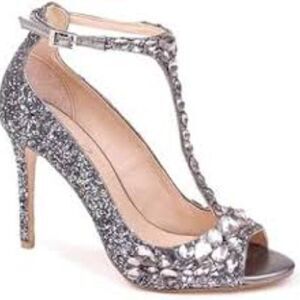 Jewel Badgley Mischka Conroy Metallic Glitter T Strap Heels Silver Size 8.5